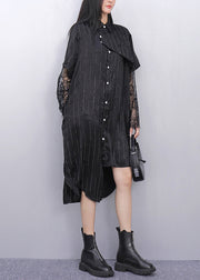 Black Patchwork Lace Striped Shirt Dress Asymmetrical Summer