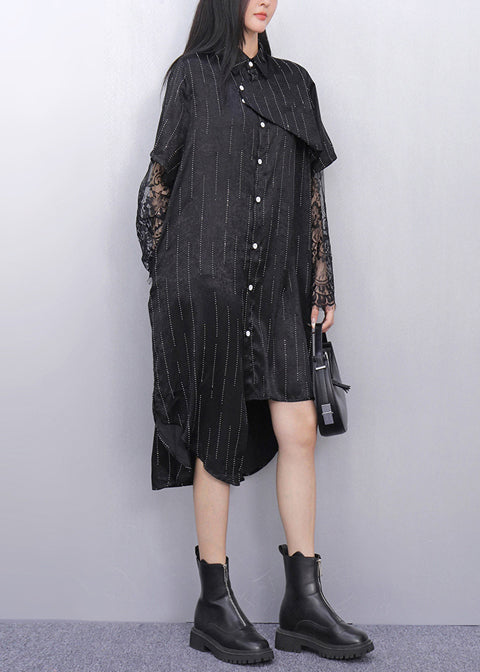 Black Patchwork Lace Striped Shirt Dress Asymmetrical Summer
