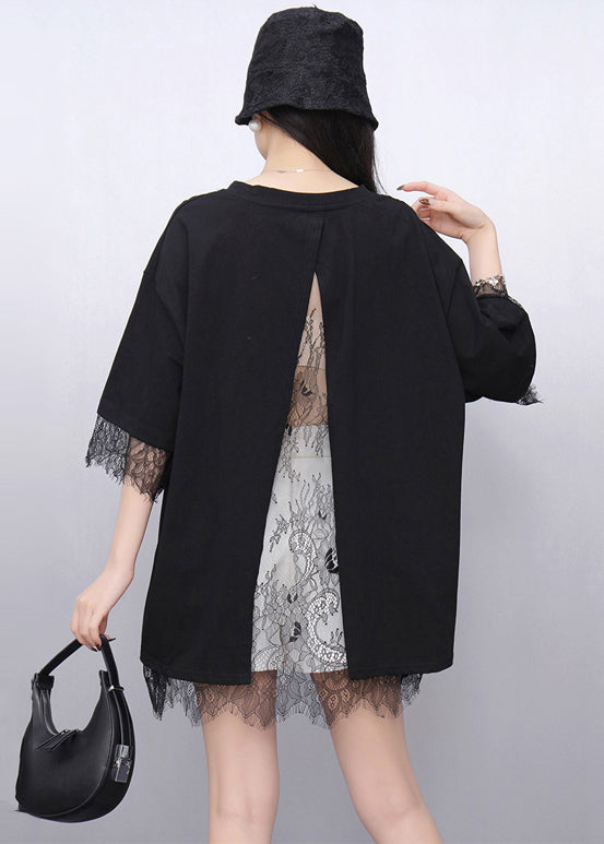 Black Patchwork Lace Tanks Oversized Back Hollow Out Summer
