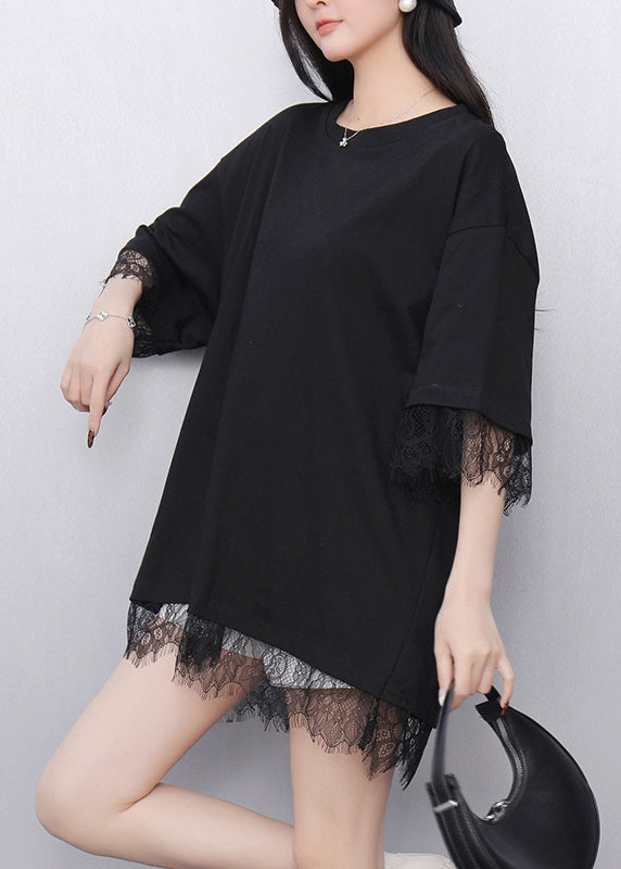Black Patchwork Lace Tanks Oversized Back Hollow Out Summer