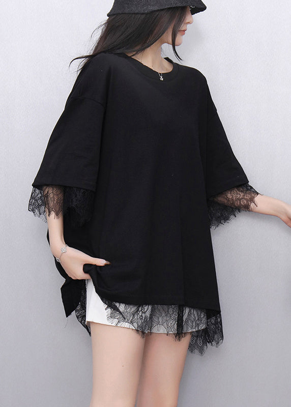 Black Patchwork Lace Tanks Oversized Back Hollow Out Summer
