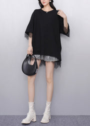 Black Patchwork Lace Tanks Oversized Back Hollow Out Summer