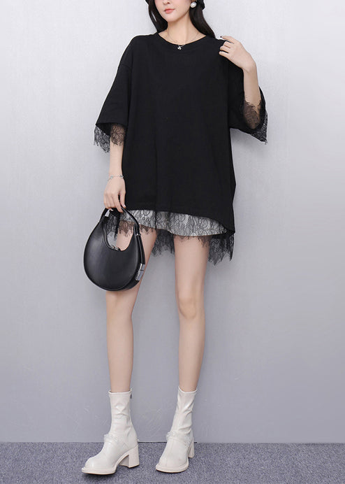 Black Patchwork Lace Tanks Oversized Back Hollow Out Summer