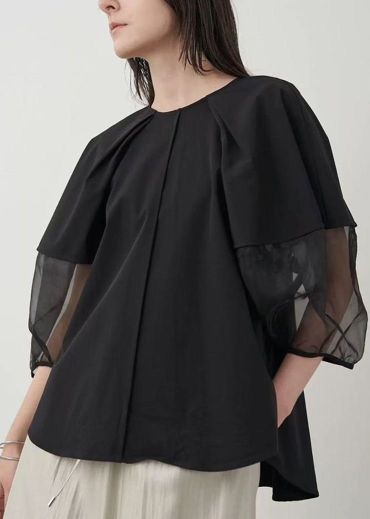 Black Patchwork Organza Shirt Oversized Puff Sleeve