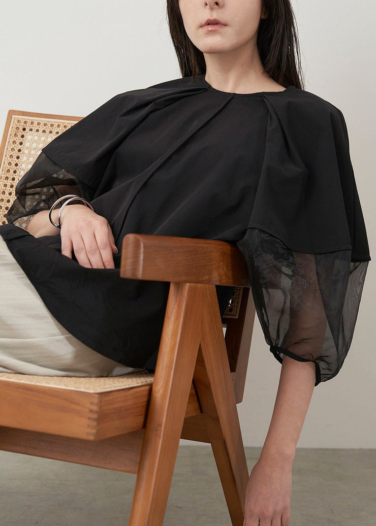 Black Patchwork Organza Shirt Oversized Puff Sleeve