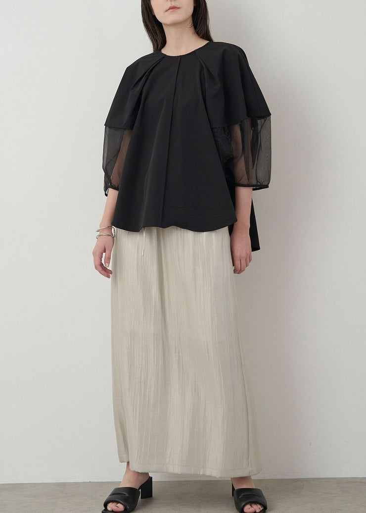 Black Patchwork Organza Shirt Oversized Puff Sleeve