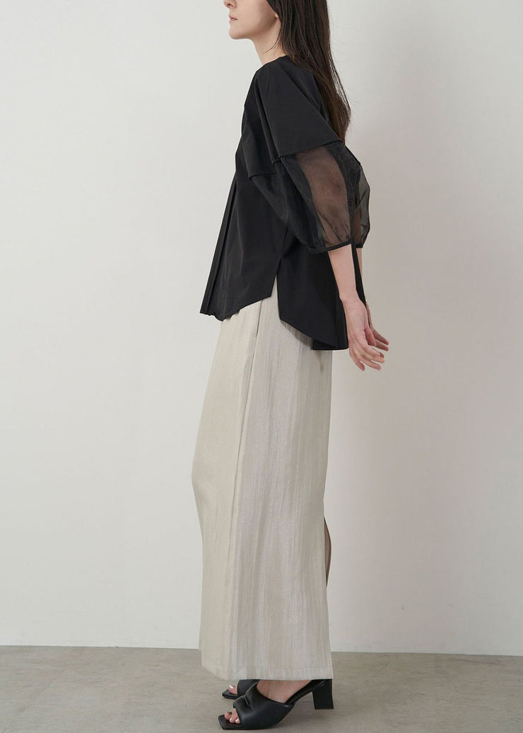 Black Patchwork Organza Shirt Oversized Puff Sleeve