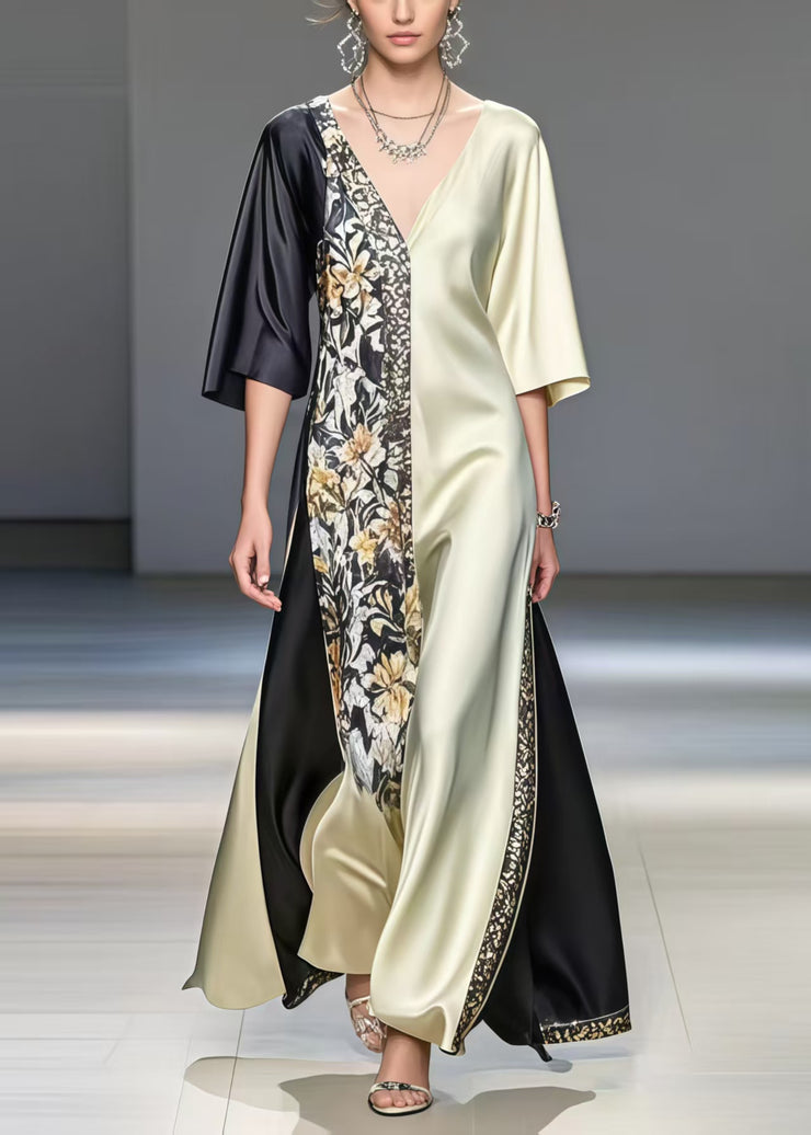Black Patchwork Silk Long Dresses Asymmetrical Print Summer