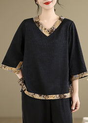 Black Patchwork Silk Tops Oversized Bracelet Sleeve