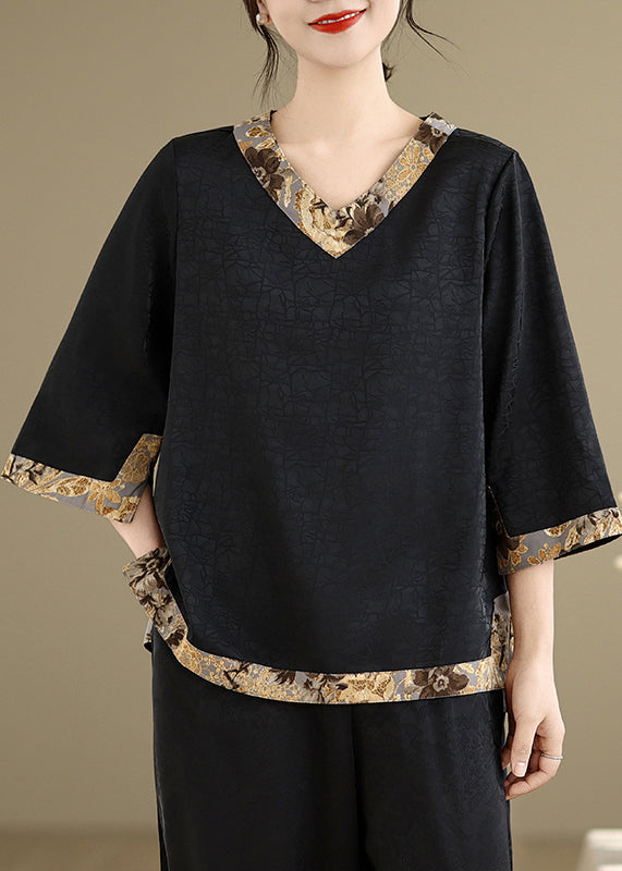 Black Patchwork Silk Tops Oversized Bracelet Sleeve