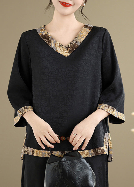 Black Patchwork Silk Tops Oversized Bracelet Sleeve