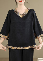 Black Patchwork Silk Tops Oversized Bracelet Sleeve