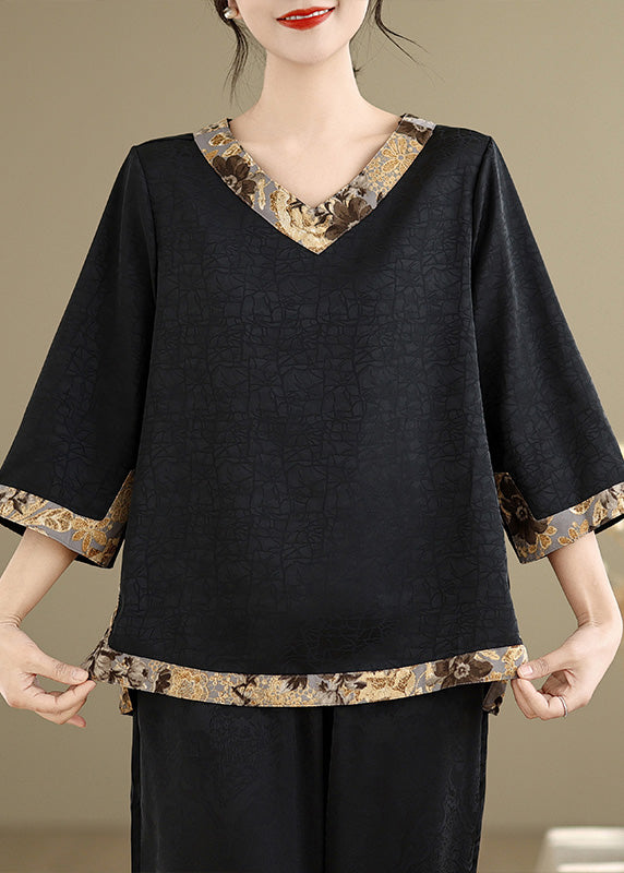 Black Patchwork Silk Tops Oversized Bracelet Sleeve