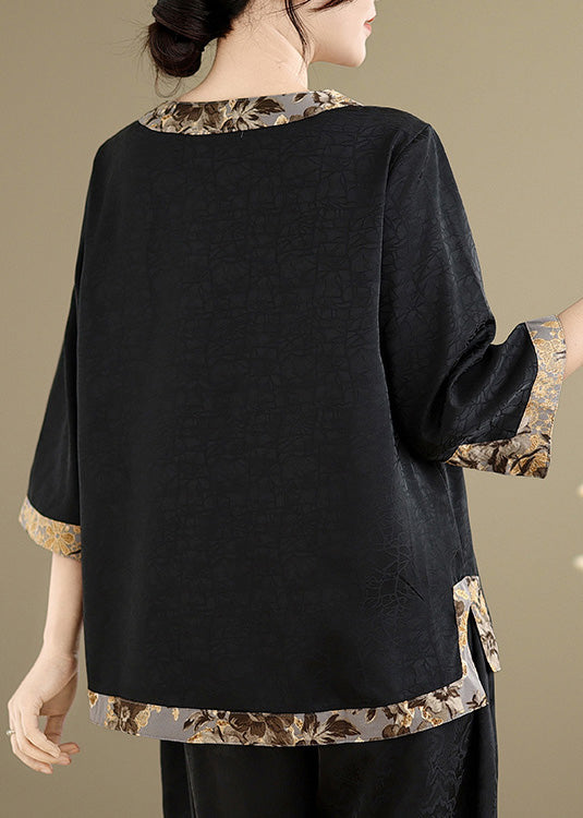 Black Patchwork Silk Tops Oversized Bracelet Sleeve
