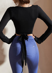 Black Patchwork Tie Waist Solid Yoga Shirts