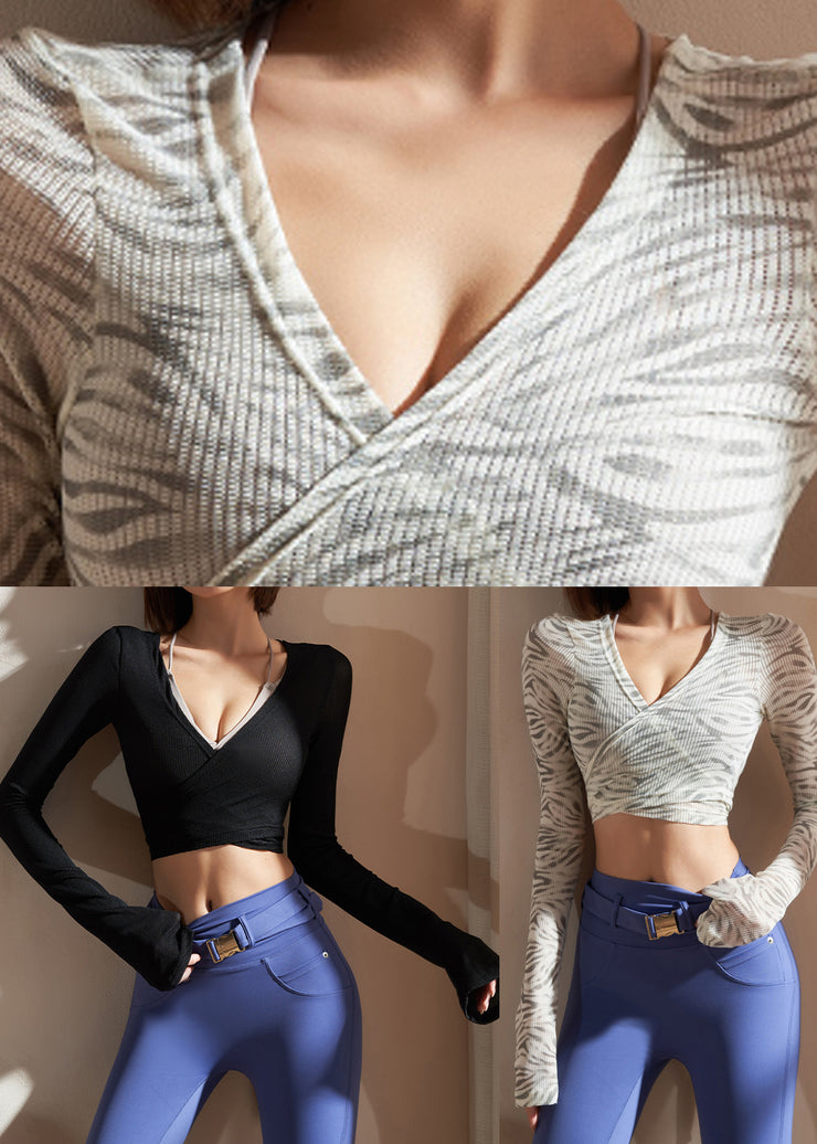 Black Patchwork Tie Waist Solid Yoga Shirts
