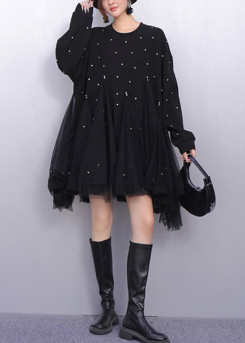 Black Patchwork Tulle Long Dresses Oversized Rhinestone Spring