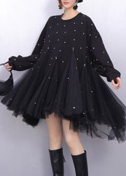 Black Patchwork Tulle Long Dresses Oversized Rhinestone Spring