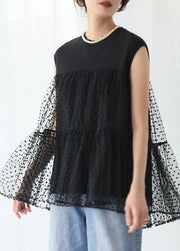 Black Patchwork Tulle Tank Embroideried Sleeveless