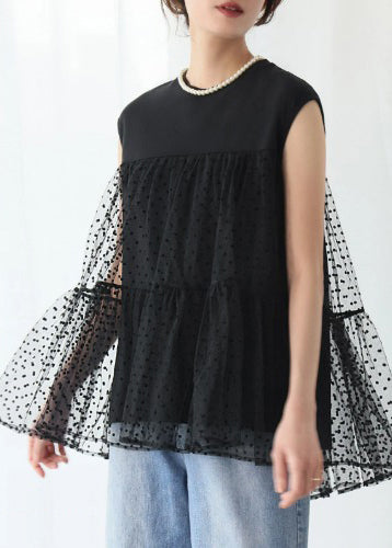 Black Patchwork Tulle Tank Embroideried Sleeveless