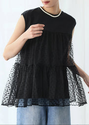 Black Patchwork Tulle Tank Embroideried Sleeveless