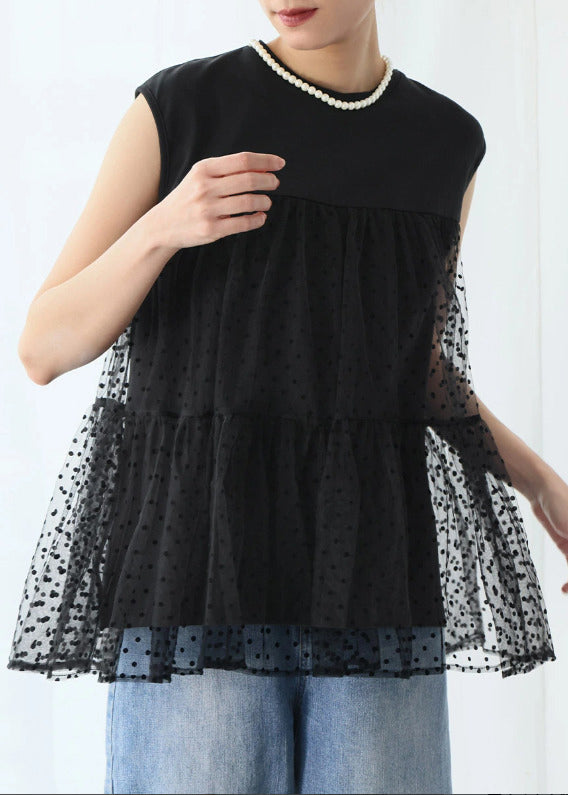 Black Patchwork Tulle Tank Embroideried Sleeveless