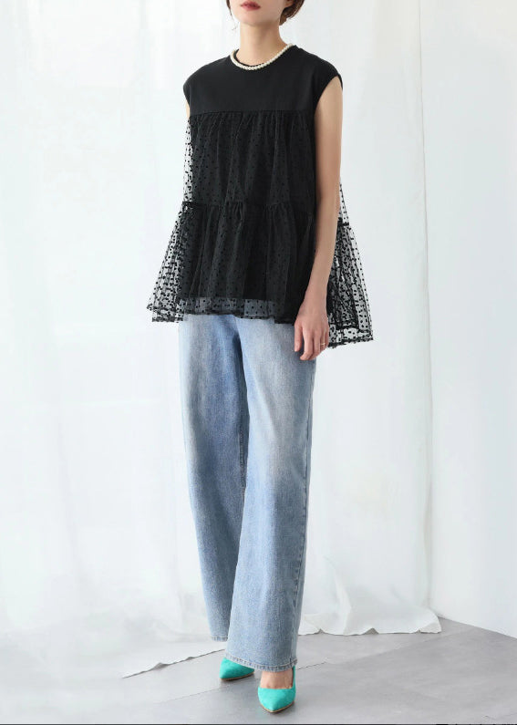 Black Patchwork Tulle Tank Embroideried Sleeveless