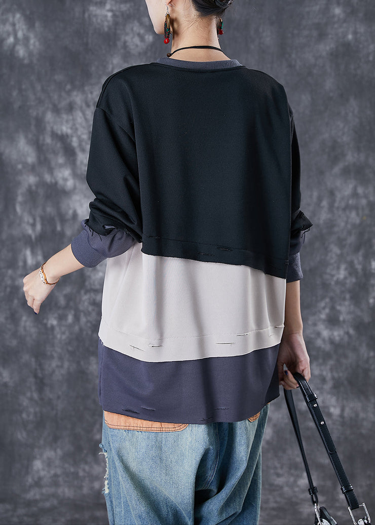 Black Patchwork Warm Fleece Ripped Pullover Sweatshirt Oversized Winter