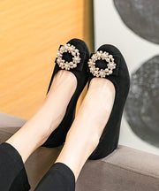 Black Pearl Decorated Splicing Wedge Penny Loafers