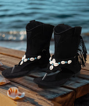 Black Peep Toe Splicing Low Heel Sandals Boots Tasseled
