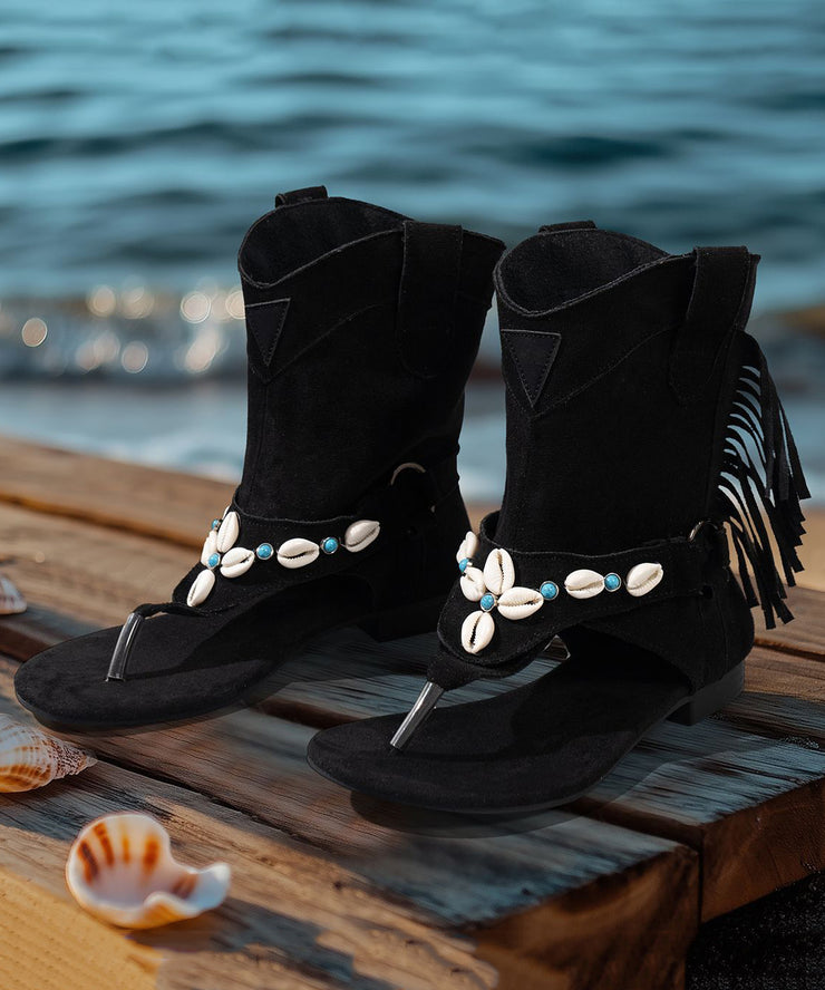 Black Peep Toe Splicing Low Heel Sandals Boots Tasseled