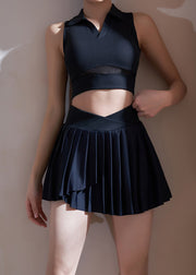 Black Peter Pan Collar Sports Bra And Skirt Set Suit Athletic Leggings