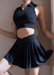 Black Peter Pan Collar Sports Bra And Skirt Set Suit Athletic Leggings