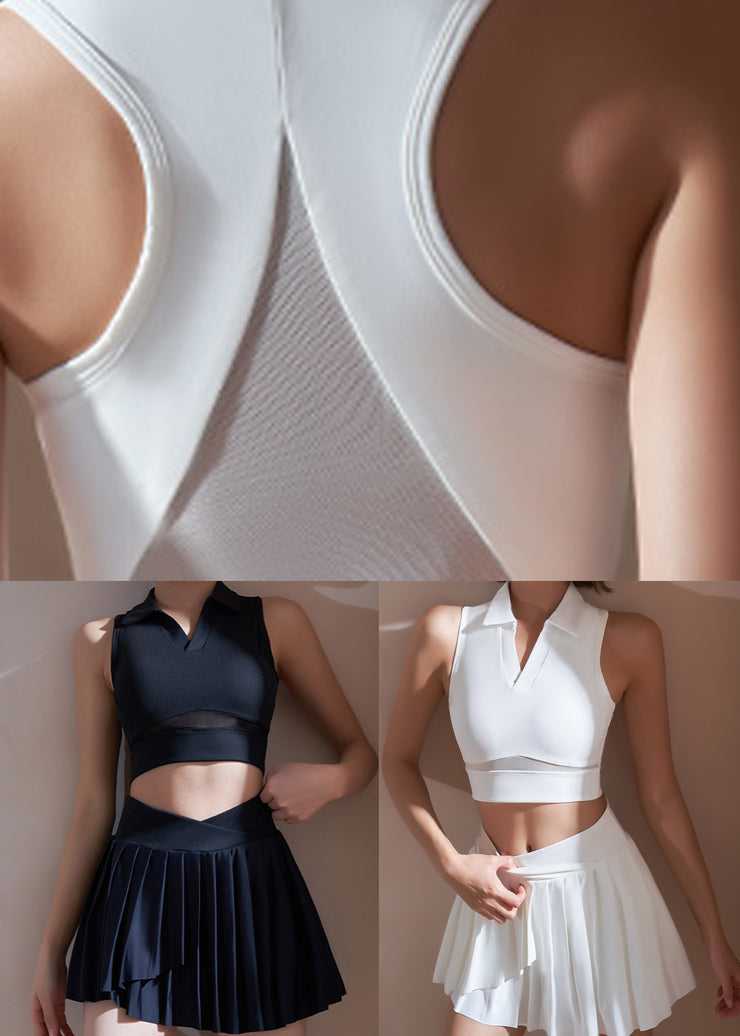 Black Peter Pan Collar Sports Bra And Skirt Set Suit Athletic Leggings