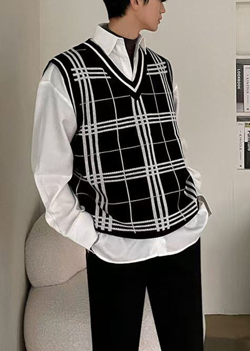 Black Plaid Loose Knit Men Waistcoat V Neck Sleeveless