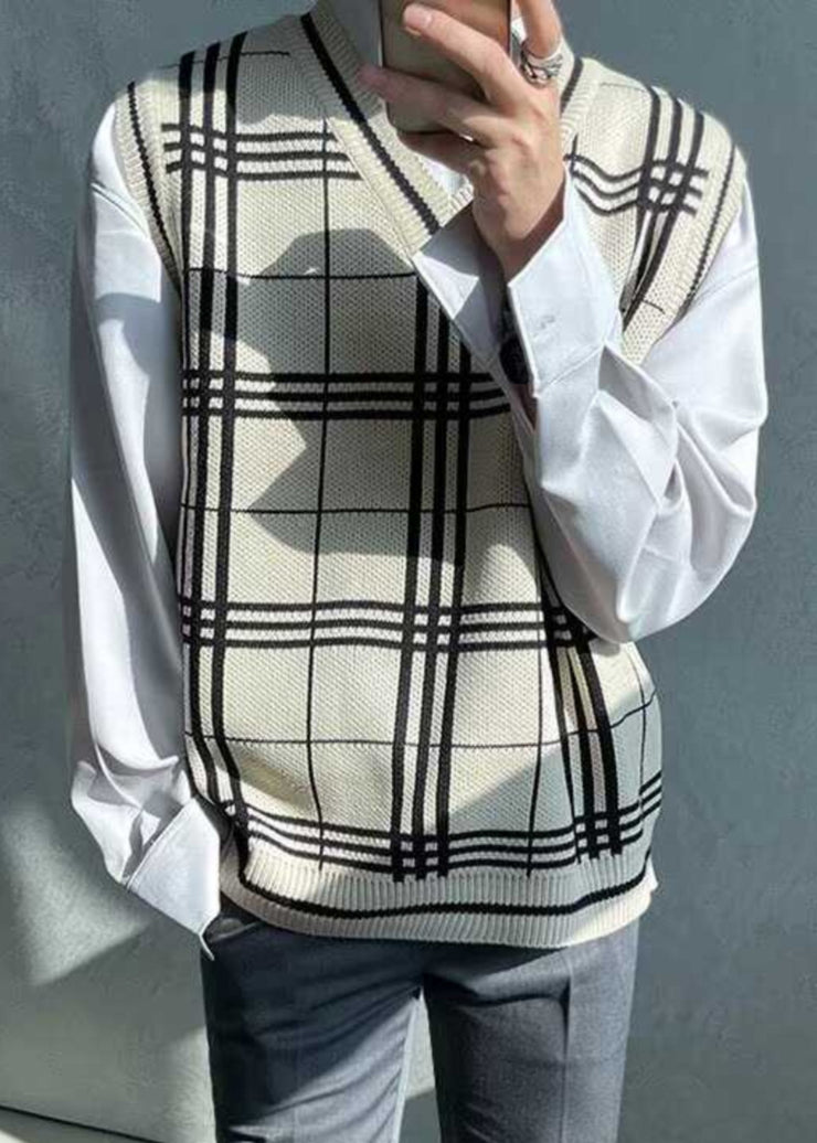 Black Plaid Loose Knit Men Waistcoat V Neck Sleeveless