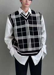 Black Plaid Loose Knit Men Waistcoat V Neck Sleeveless