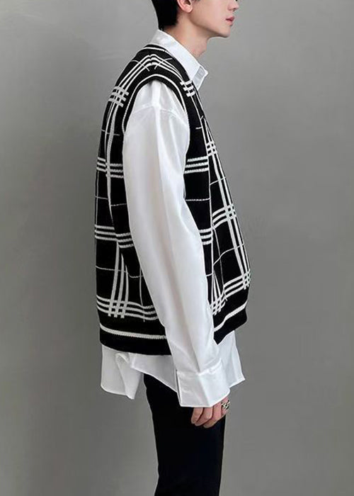 Black Plaid Loose Knit Men Waistcoat V Neck Sleeveless