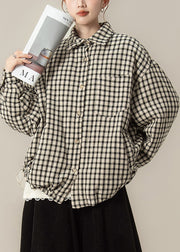 Black Plaid Pockets Oversized Cotton Filled Blouses Coat Peter Pan Collar