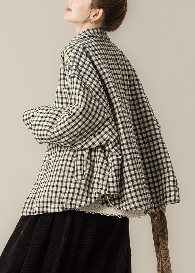 Black Plaid Pockets Oversized Cotton Filled Blouses Coat Peter Pan Collar
