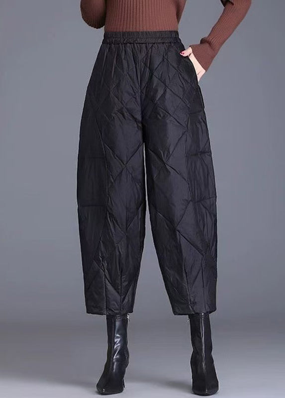 Black Plaid Solid Fine Cotton Filled Crop Pants Elastic Waist