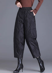 Black Plaid Solid Fine Cotton Filled Crop Pants Elastic Waist