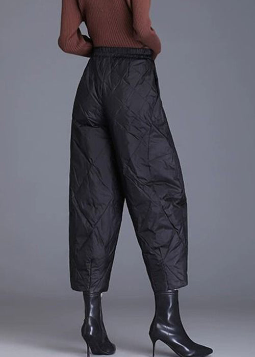 Black Plaid Solid Fine Cotton Filled Crop Pants Elastic Waist