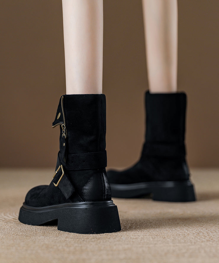 Black Platform Suede Handmade Zippered Splicing Boots