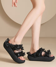Black Platform Tulle Ruffled Chic Splicing Slide Sandals