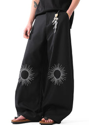 Black Pockets Cotton Summer Mens Wide Leg Pants Embroideried