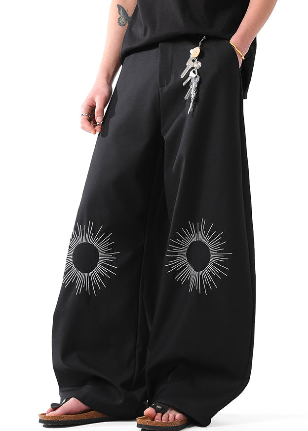 Black Pockets Cotton Summer Mens Wide Leg Pants Embroideried