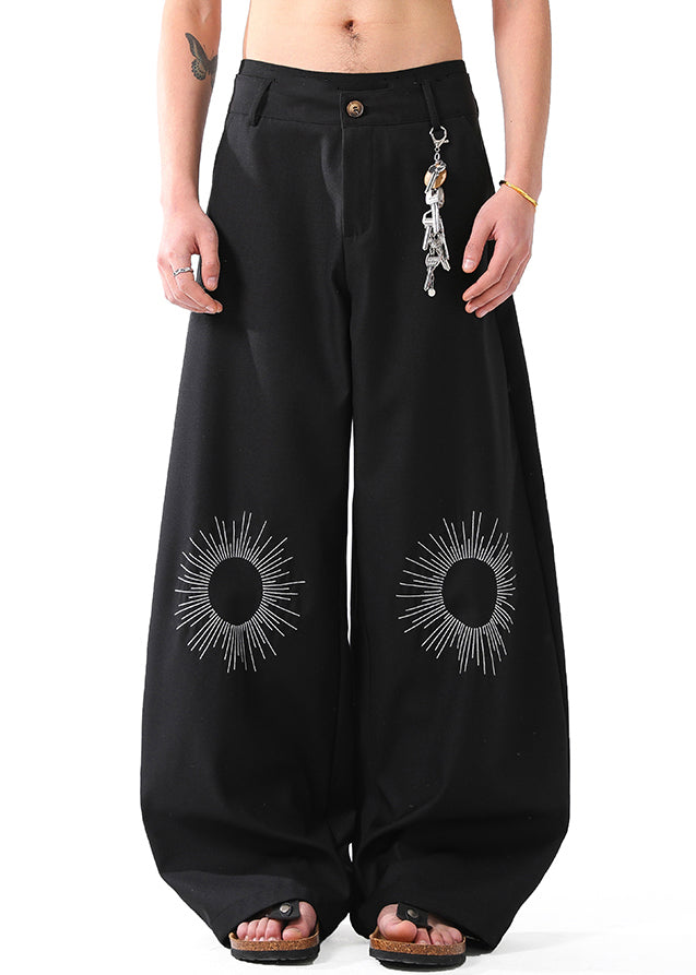 Black Pockets Cotton Summer Mens Wide Leg Pants Embroideried