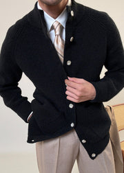 Black Pockets Cozy Cotton Knit Mens Coats Stand Collar