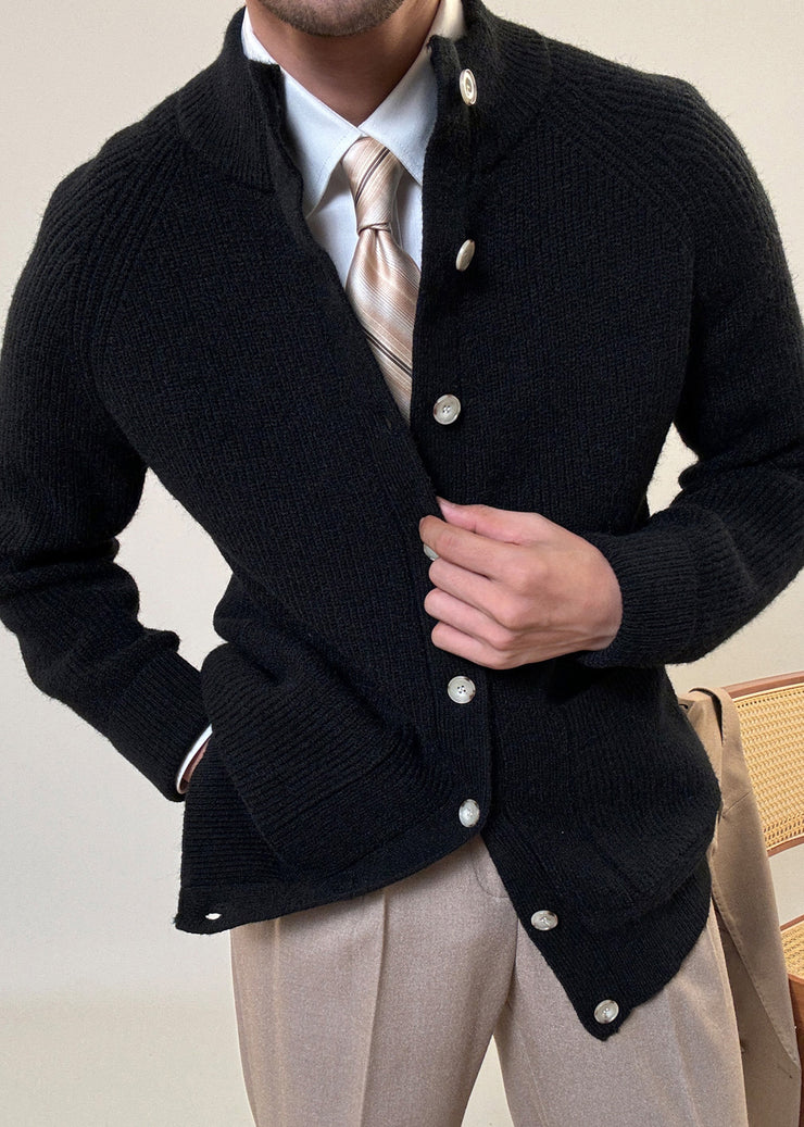 Black Pockets Cozy Cotton Knit Mens Coats Stand Collar